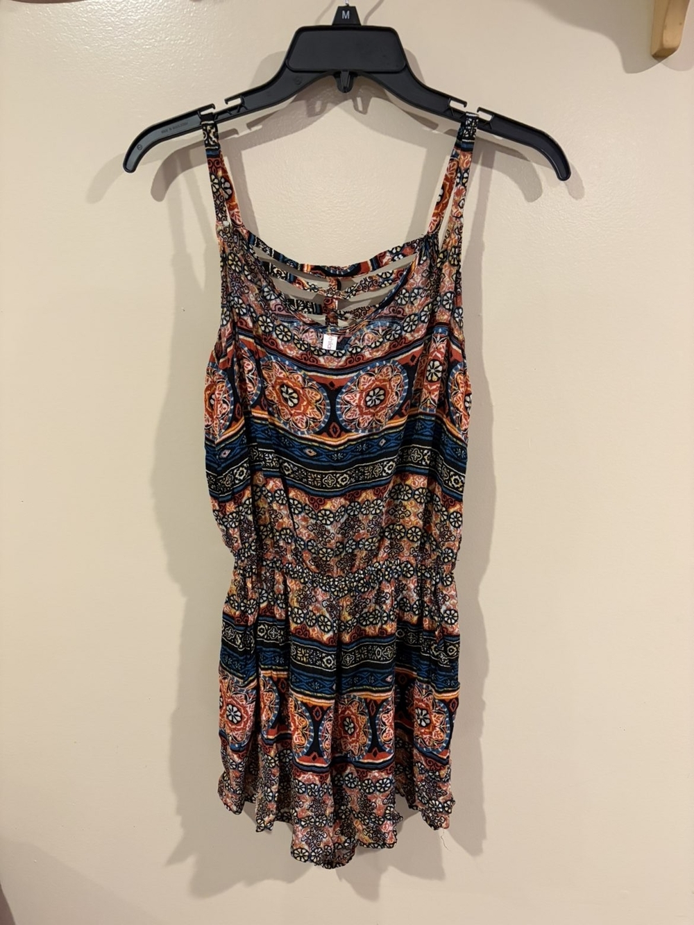 Xhilaration Orange and Navy Patterned Strappy Romper